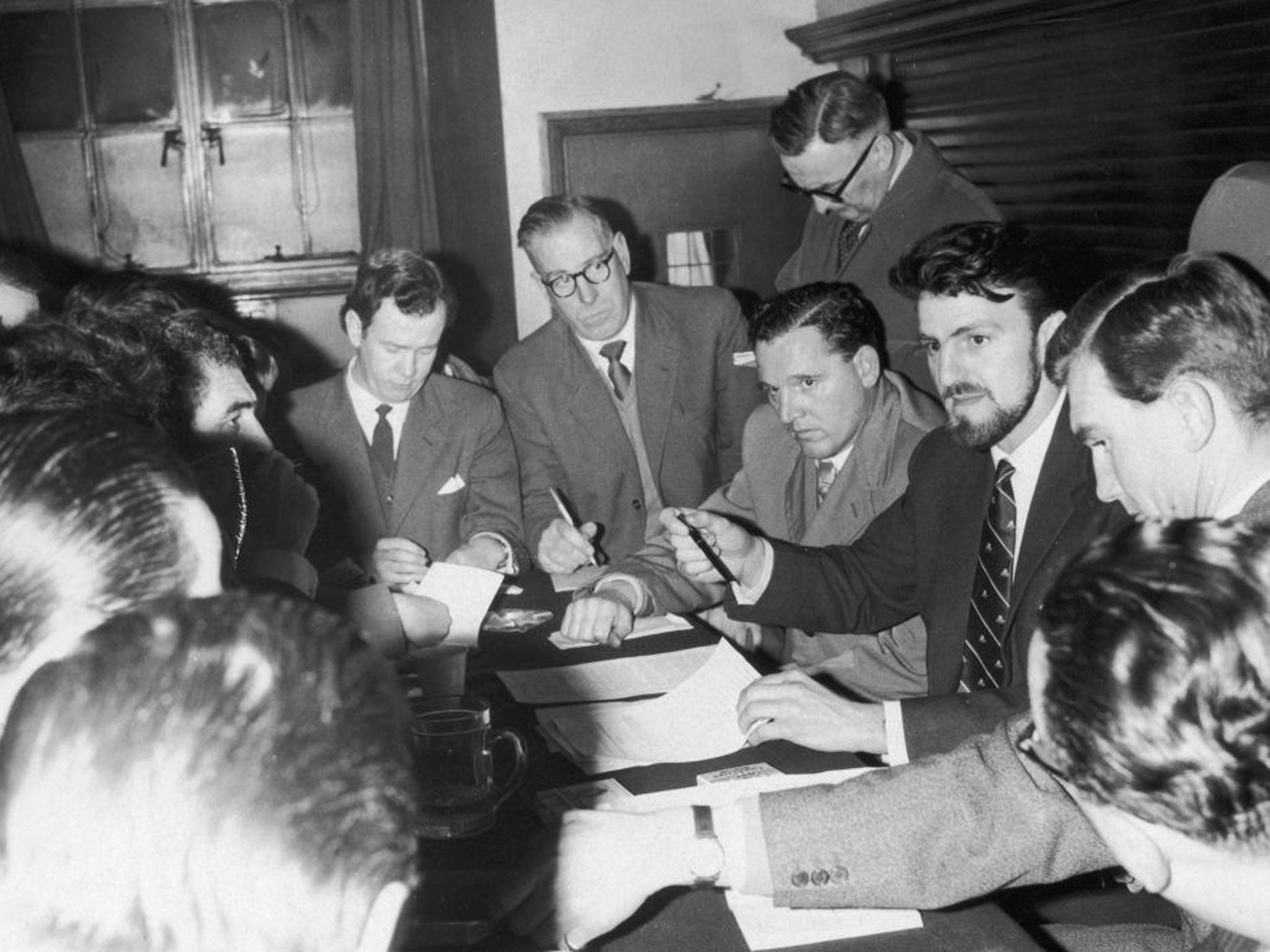 Jimmy Hill (dark blazer) puts the players’ case to the press when a strike against the maximum wage loomed in January 1961