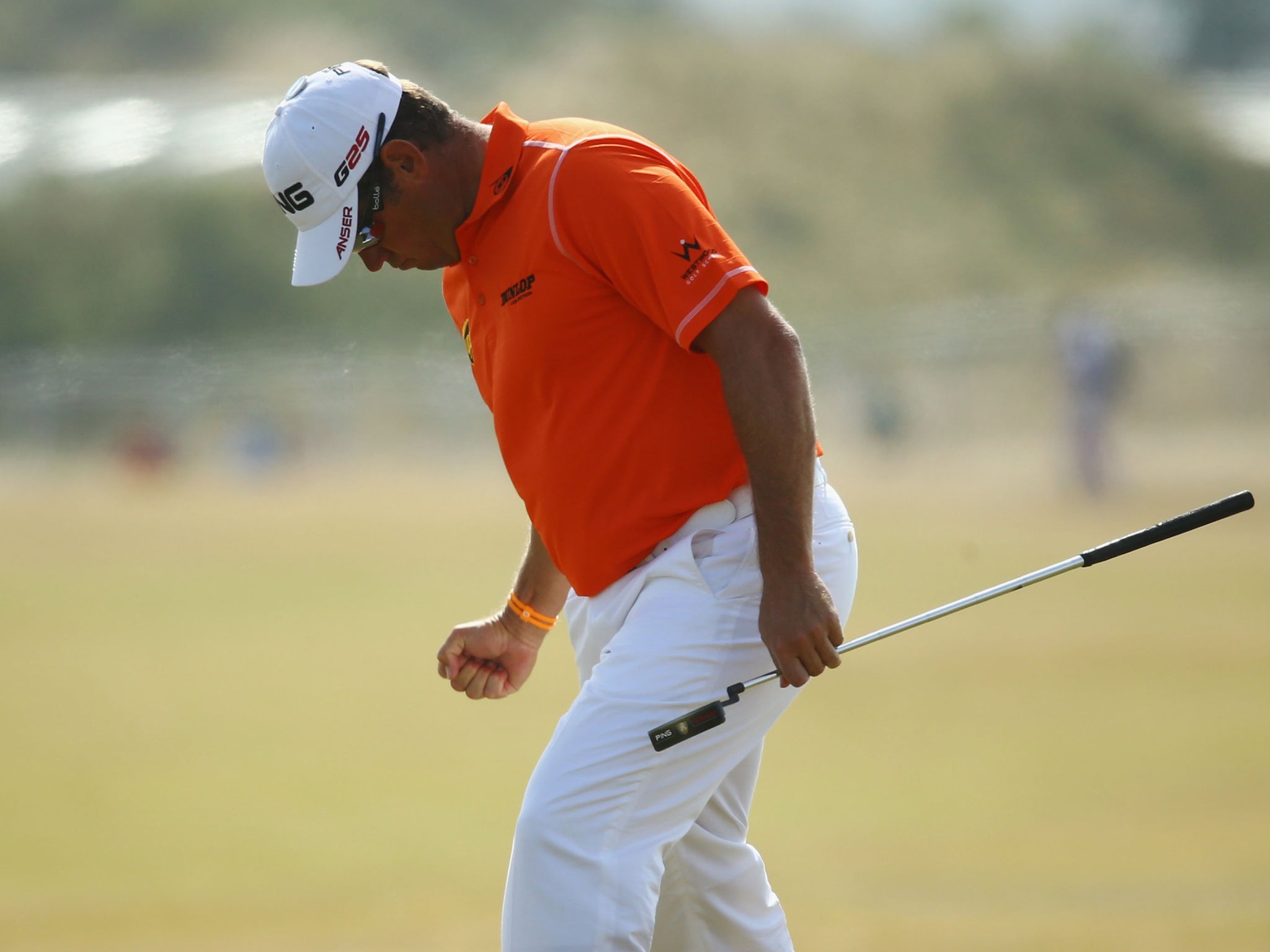 Lee Westwood celebrates his eagle at the fifth on day 3 of the Open Championship