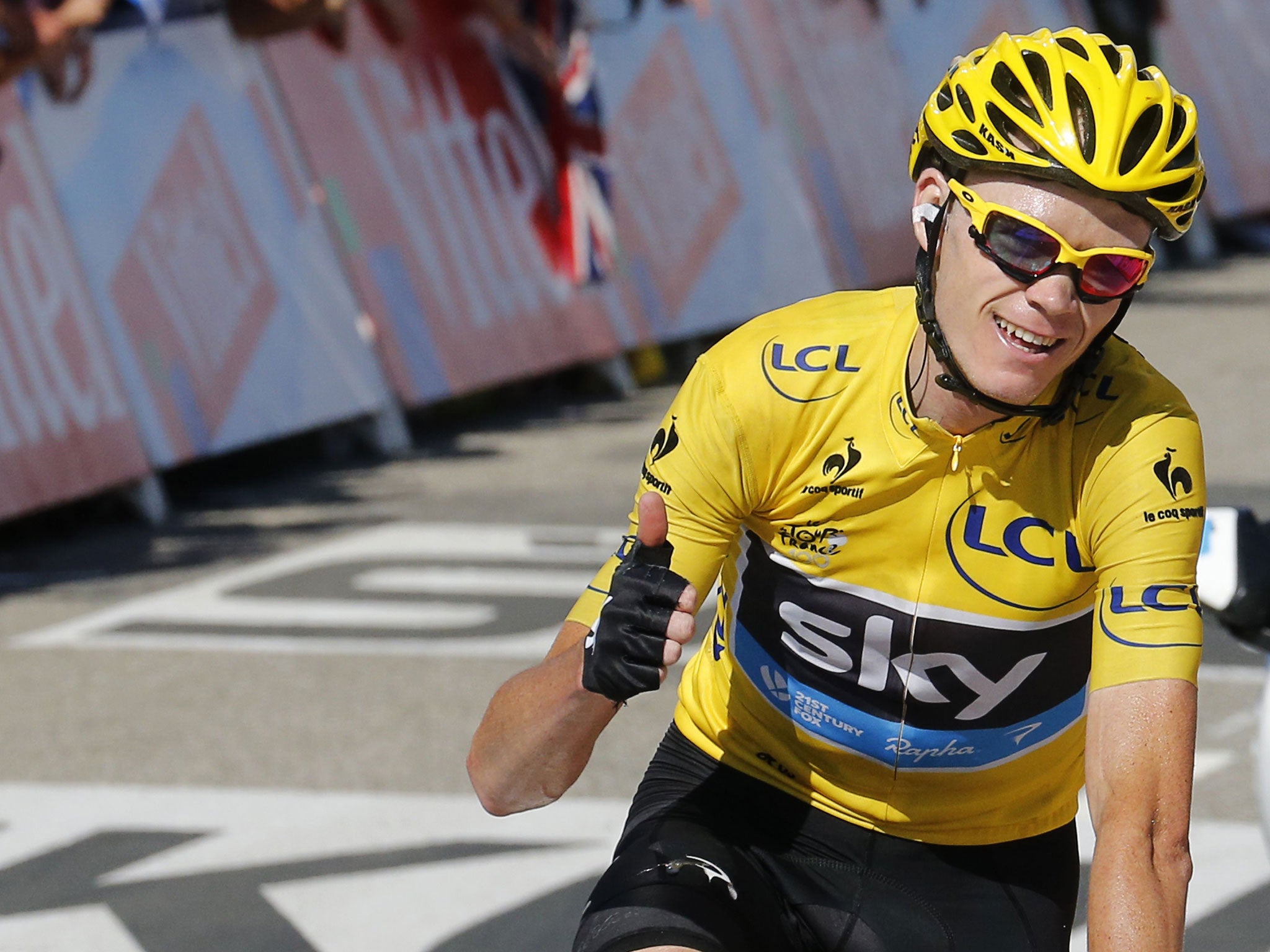 On the road to Paris: Tour leader Chris Froome finishing yesterday’s stage