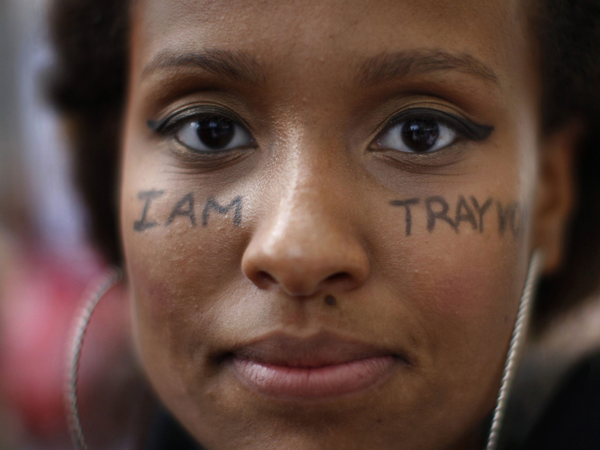 Keesha Clark has 'I am Trayvon' written on her face during a march to protest the verdict in the George Zimmerman trial, in Los Angeles