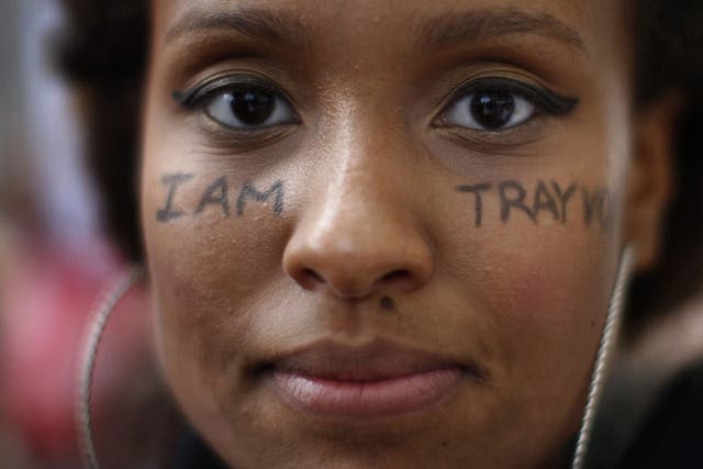 Keesha Clark has 'I am Trayvon' written on her face during a march to protest the verdict in the George Zimmerman trial, in Los Angeles