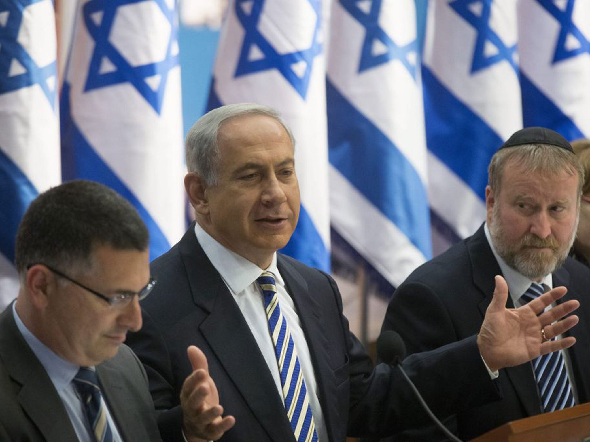 Israel's Prime Minister Benjamin Netanyahu chairing the weekly cabinet meeting in Jerusalem yesterday