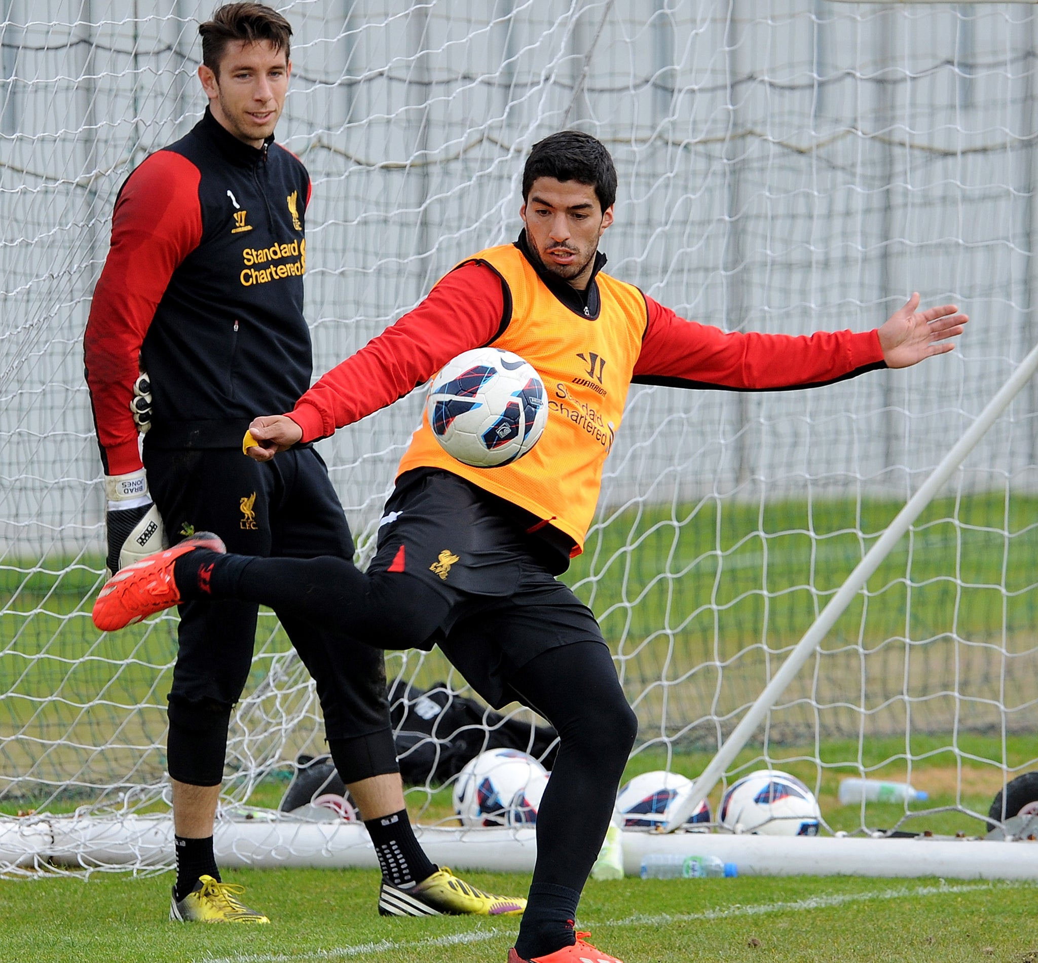 Brad Jones and Luis Suarez in training for Liverpool