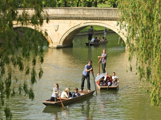 Members of the public punt along the river Cam in front of the colleges of Cambridge University 