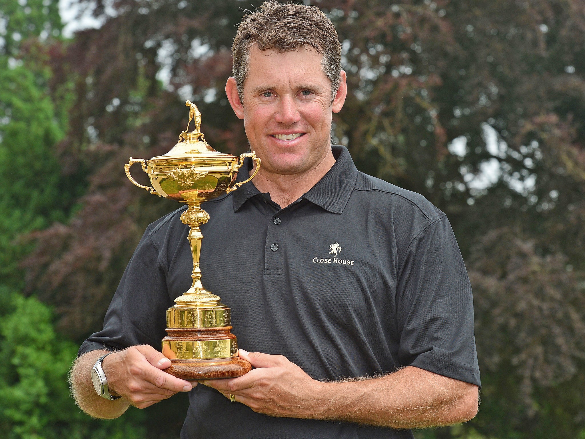 Lee Westwood shows off the Ryder cup which he brought along as he opened the Lee Westwood Filly Golf Course on Tuesday