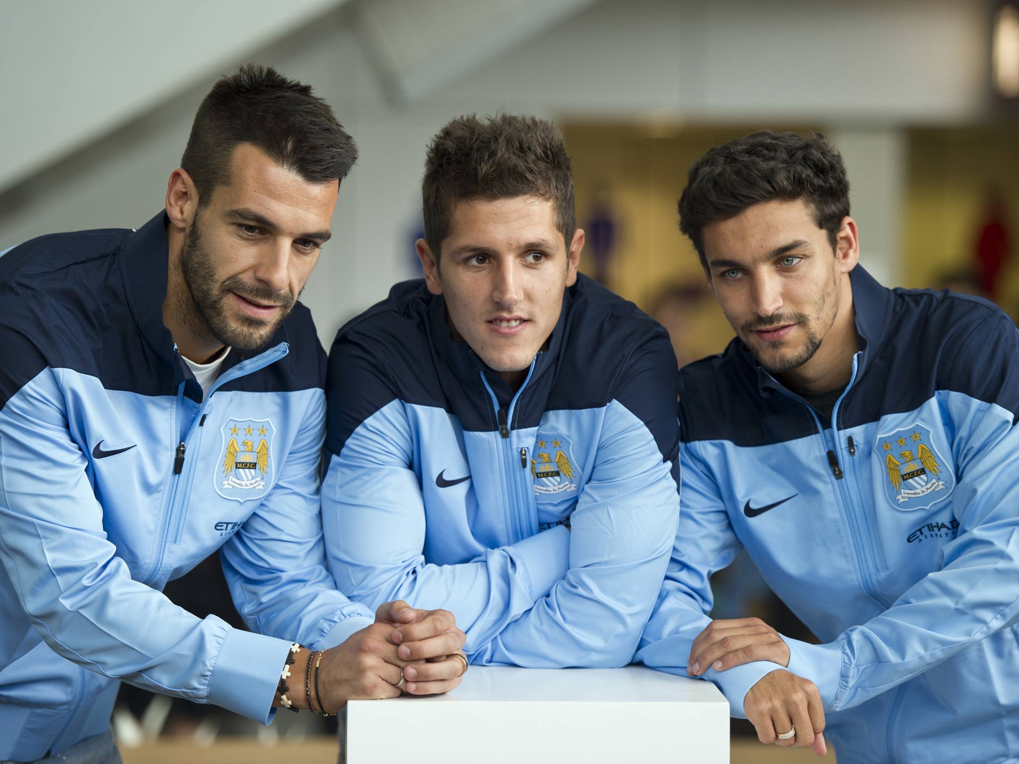 Manchester City new signings (L-R) Alvaro Negredo, Stevan Jovetic and Jesus Navas
