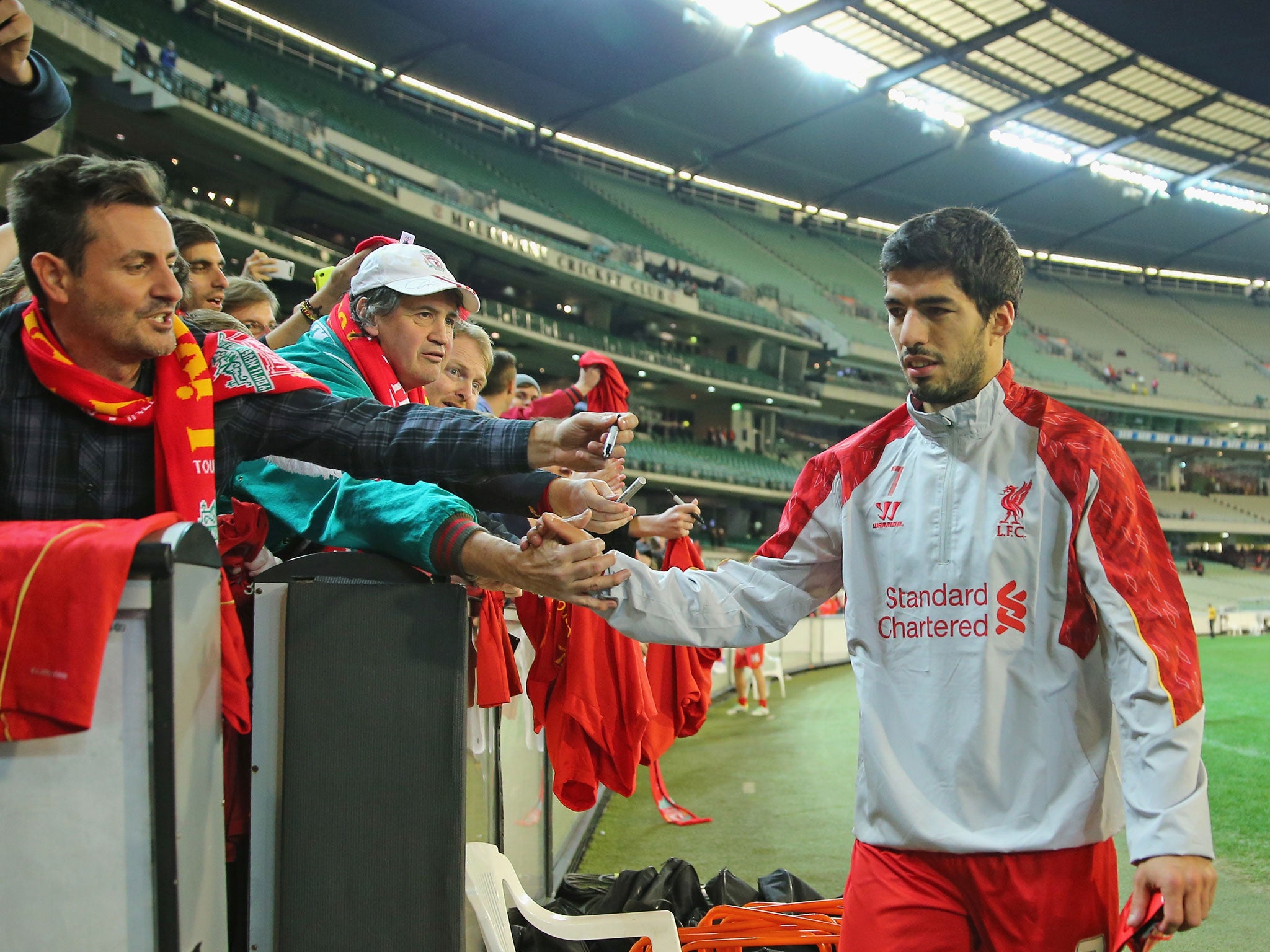 Luis Suarez of Liverpool leaves the ground after the match between the Melbourne Victory and Liverpool at the Melbourne Cricket Ground