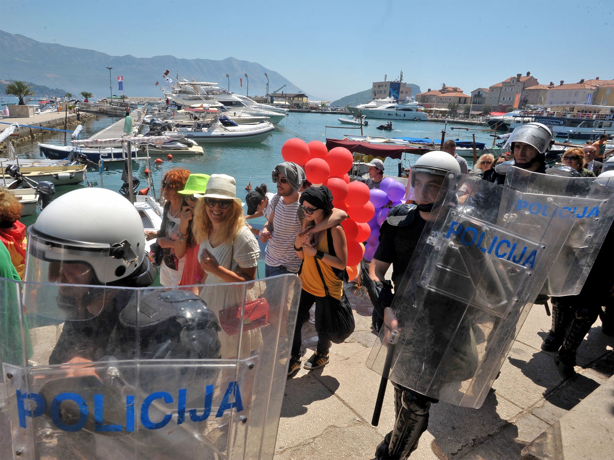 Gay activists march during Montenegro’s first pride event in the seaside resort of Budva