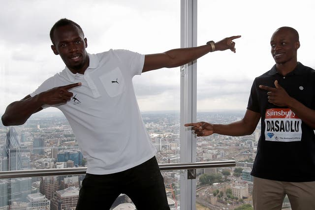 Usain Bolt (left) and James Dasaolu visit the Shard in London
