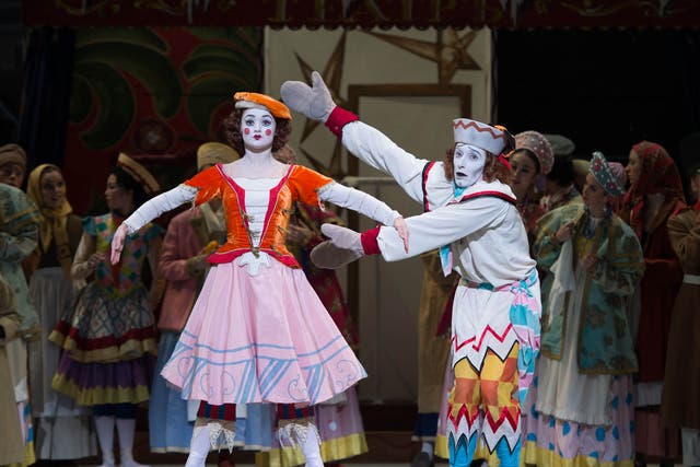 Fabian Reimair as Petrushka, Nancy Osbaldeston as the Ballerina in Petrushka
