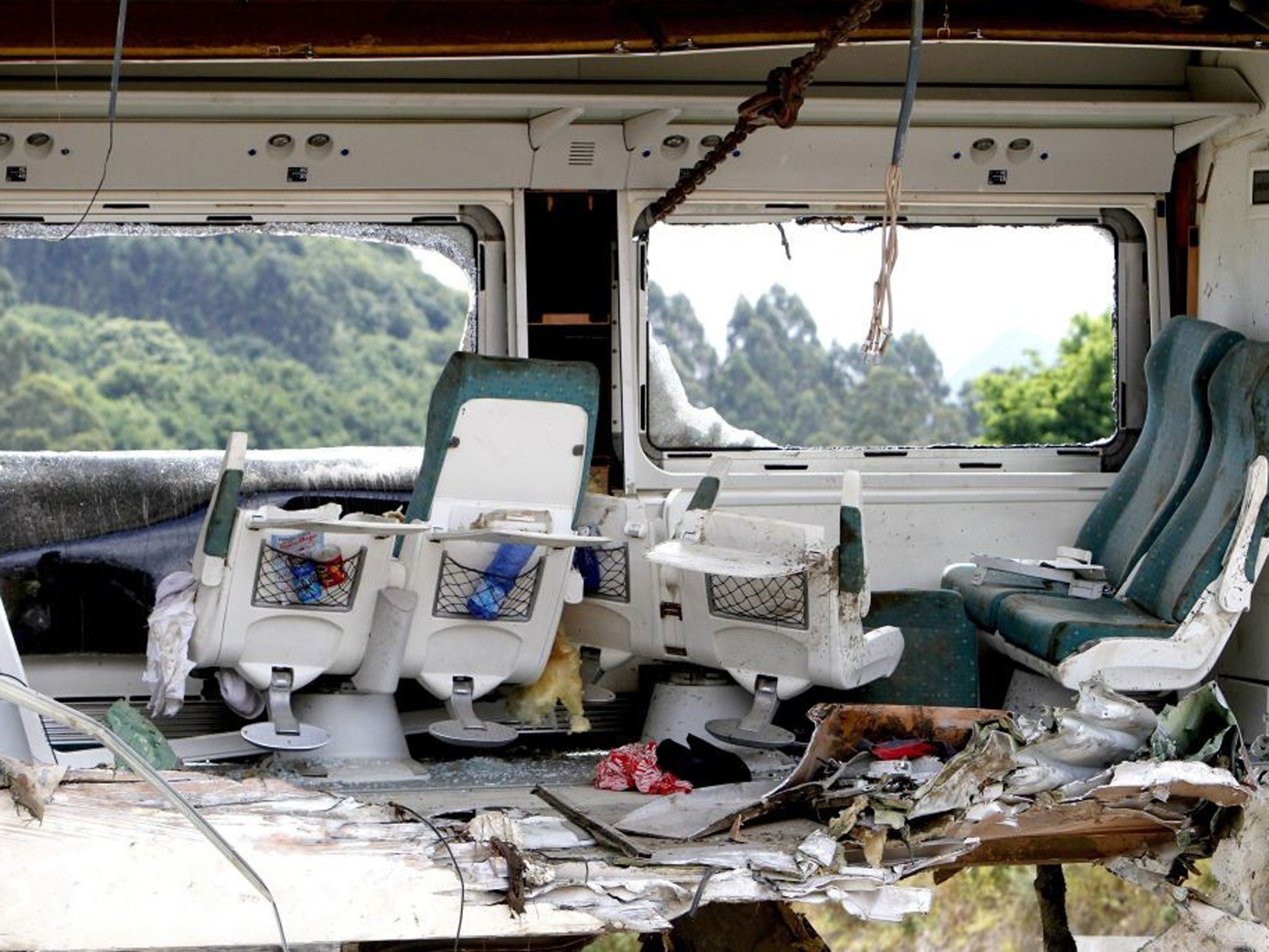 The interior of one of the passenger cars of the train accident in Santiago de Compostela