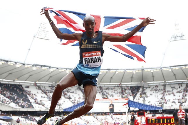 Fly Mo: Farah leaps for joy after winning the 3,000 metres at the Olympic Anniversary Games in London yesterday 