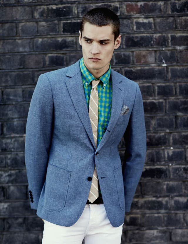 Blue jacket £245, Reiss, reiss.com; Shirt £55.58, tie £51.60, both J.Crew, jcrew.com; jeans £30, pocket square £10, both Topman, topman.com