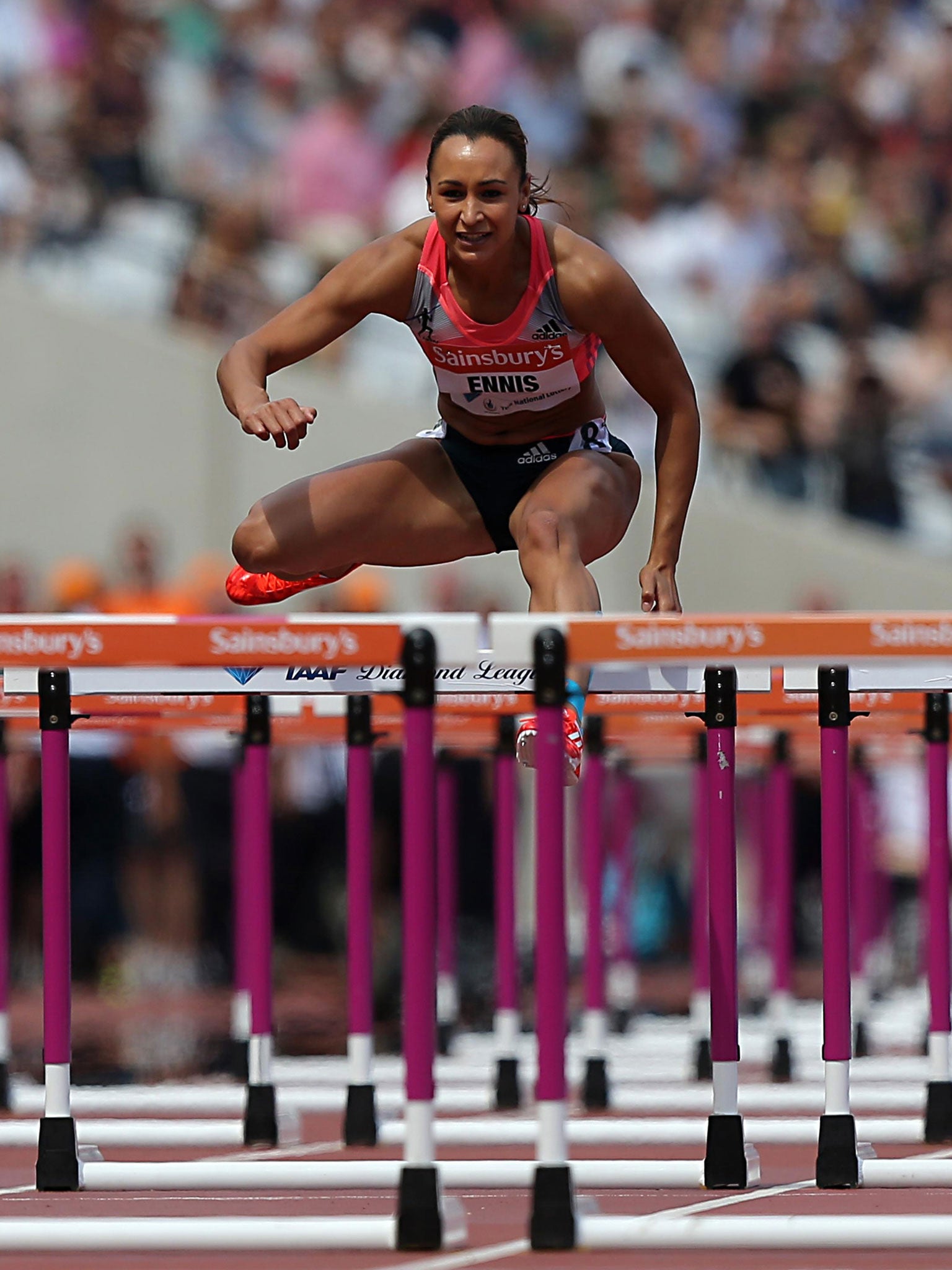 Jessica Ennis-Hill competes in the hurdles