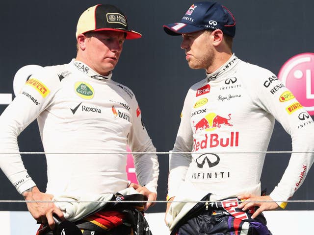 Kimi Raikkonen and Vettel talk after the race, with the Finn managing to keep the championship leader at bay to take second  - after the race Vettel played down an incident between the pair where Raikkonen had blocked him from passing during the last few 