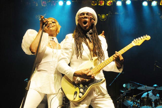 Nile Rodgers performing on stage at the Indigo2, London
