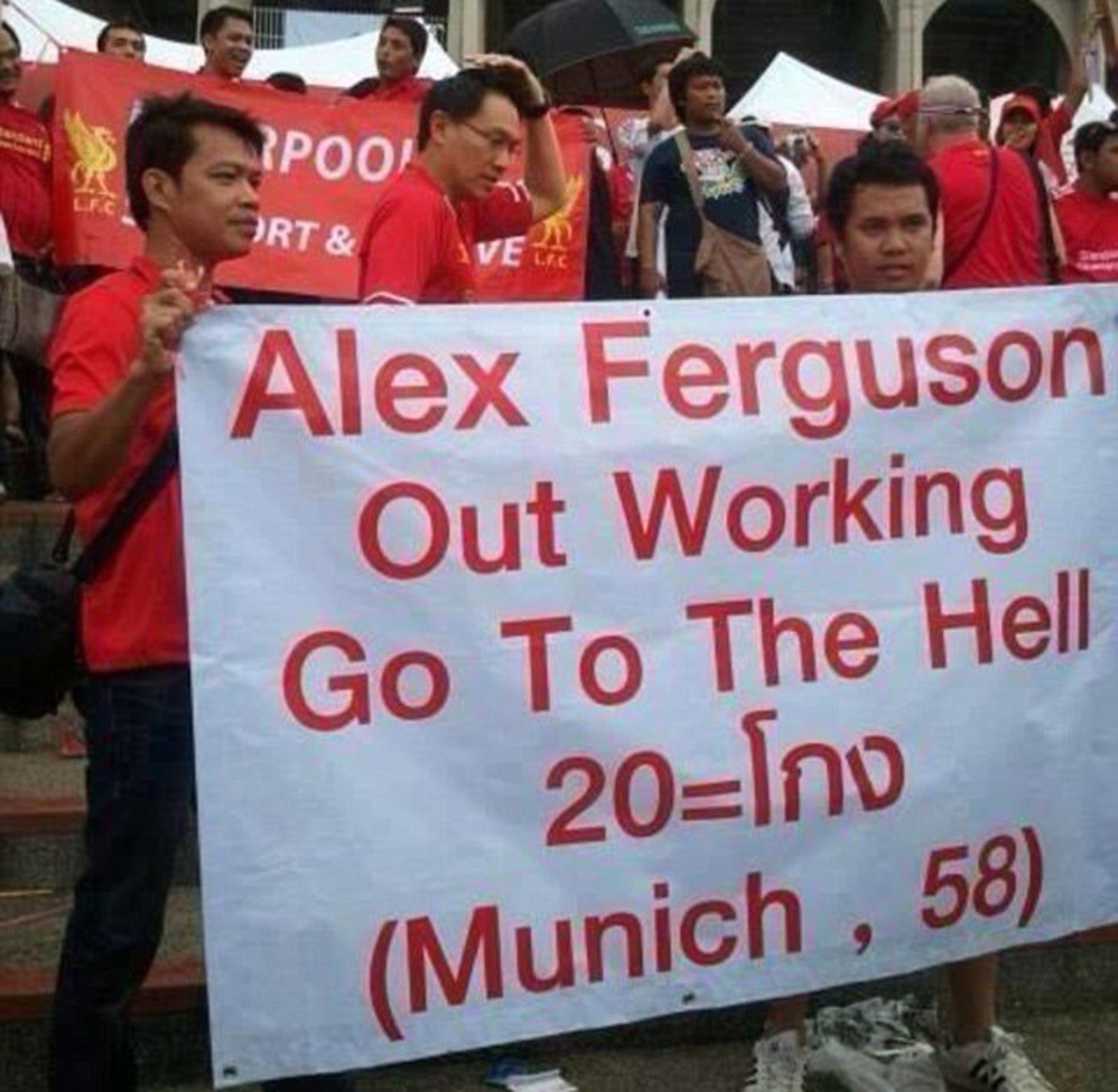 Liverpool supporters in Thailand unveiled a sickening banner mocking the Munich Air Disaster