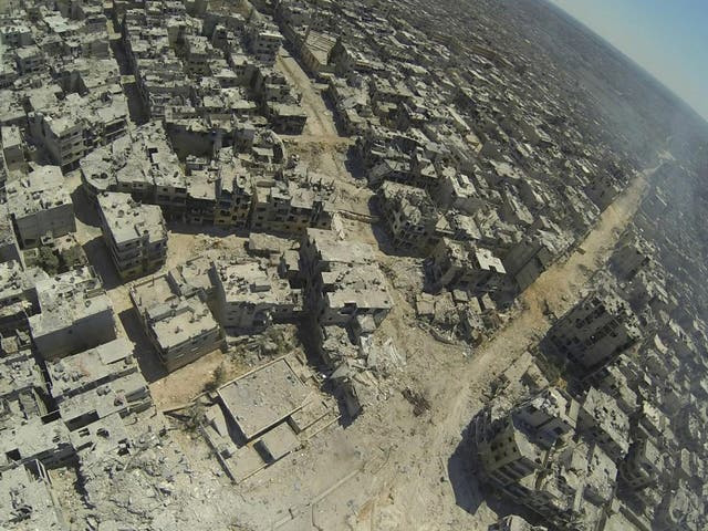 An aerial view of destruction in the al-Khalidiyah neighbourhood of the central Syrian city of Homs