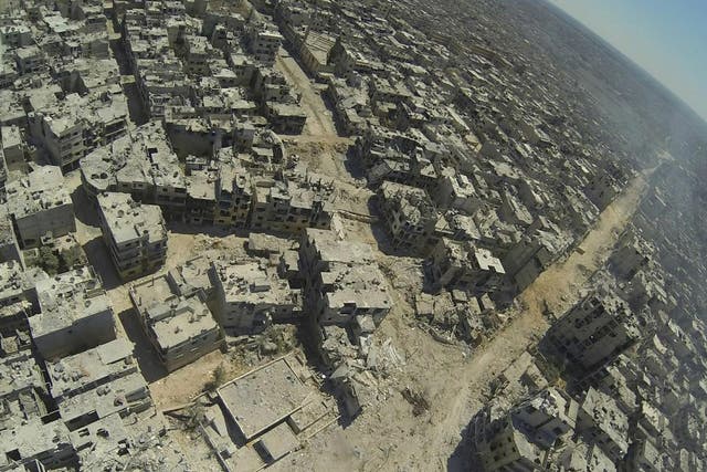 An aerial view of destruction in the al-Khalidiyah neighbourhood of the central Syrian city of Homs