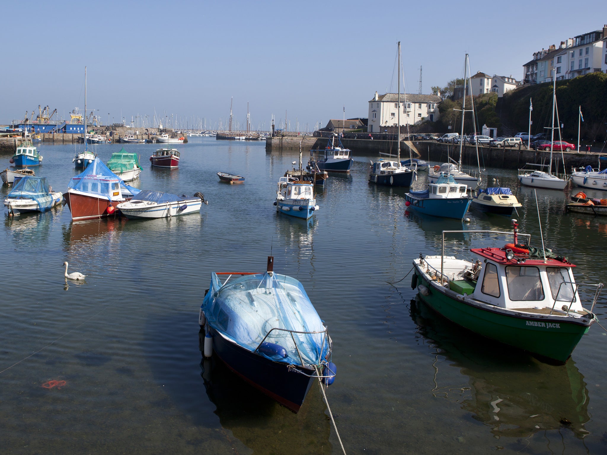 Fishing boats in the harbour of seaside town, Brixham