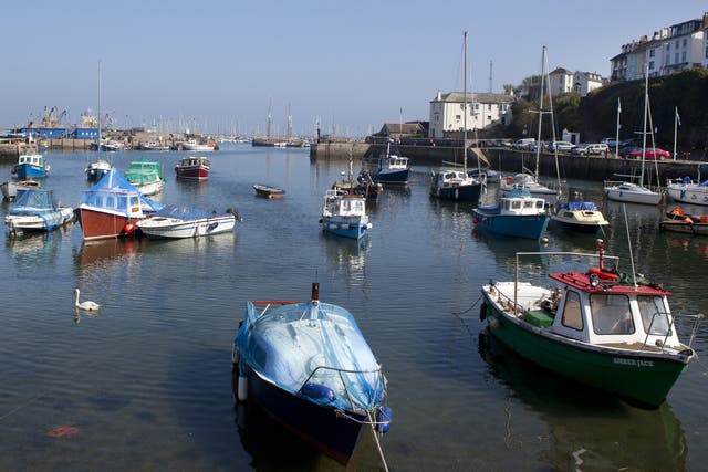 Fishing boats in the harbour of seaside town, Brixham