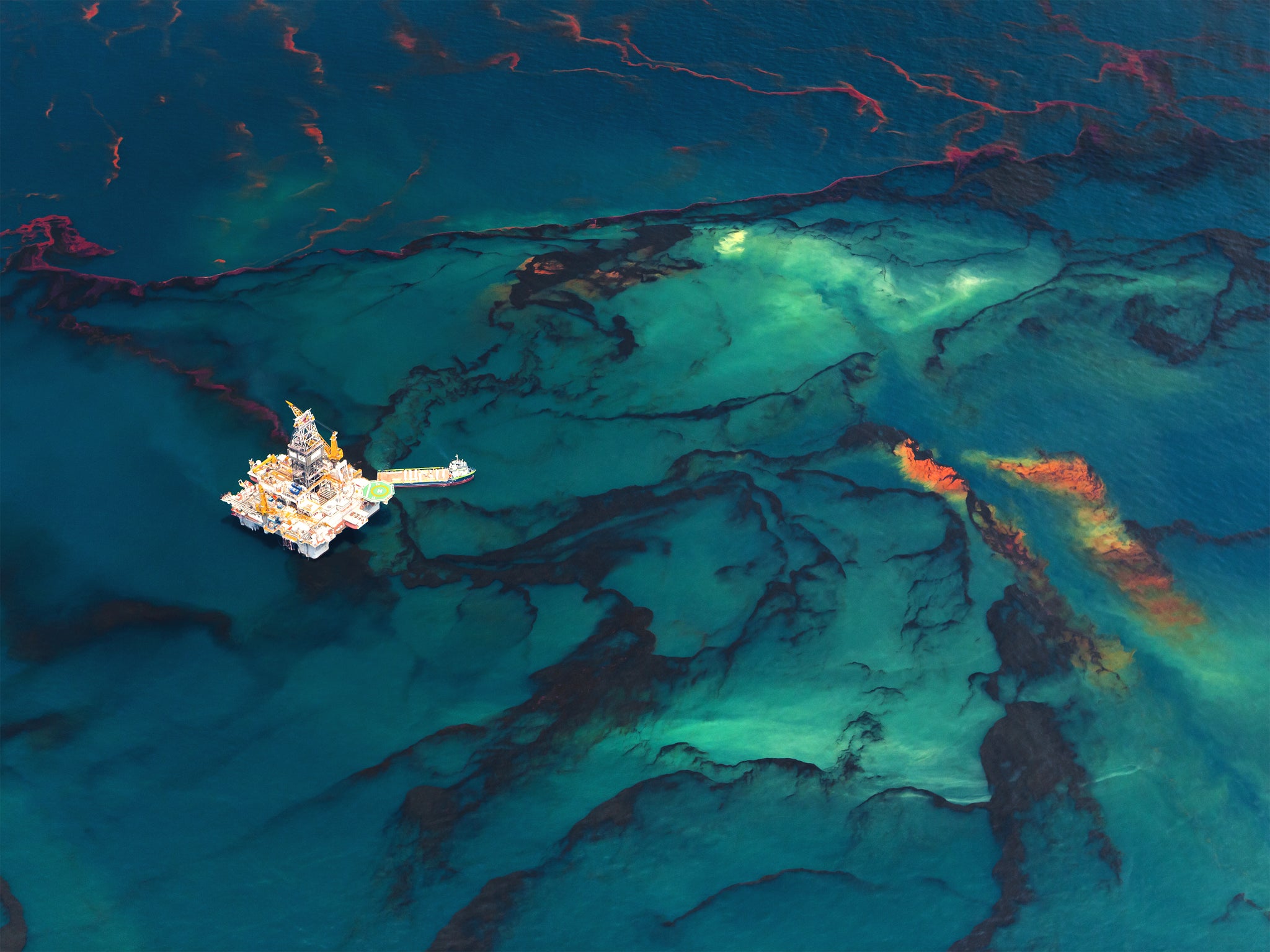 An aerial view of the oil that still leaks from the Deepwater Horizon wellhead after the BP-leased drilling platform exploded in 2010