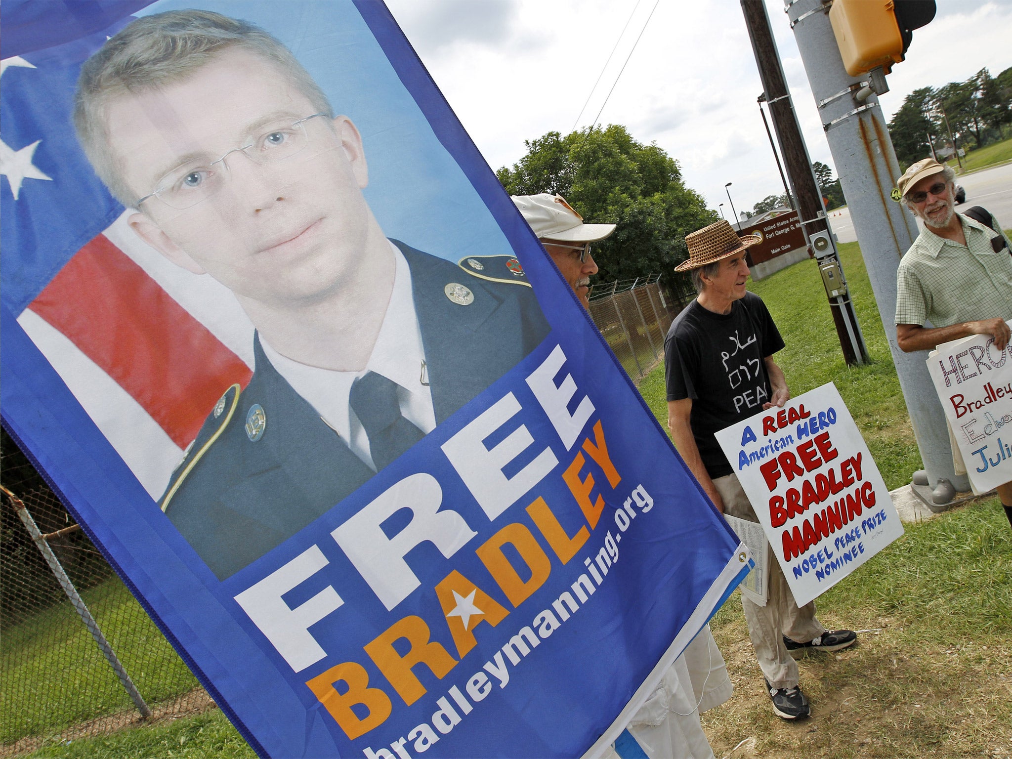 Supporters of Bradley Manning outside the gates at Fort Meade on Tuesday