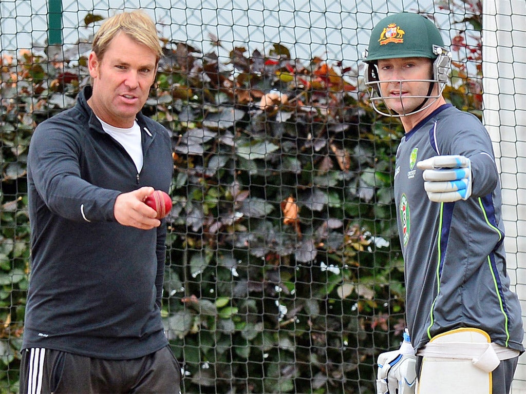 Australia captain Michael Clarke (right) and Shane Warne discuss tactics during Australia’s net session