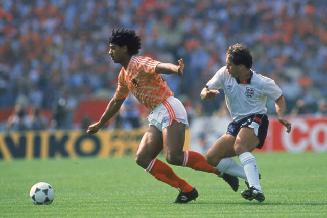 Kenny Sansom pictured playing for England in 1988 against Frank Rijkaard