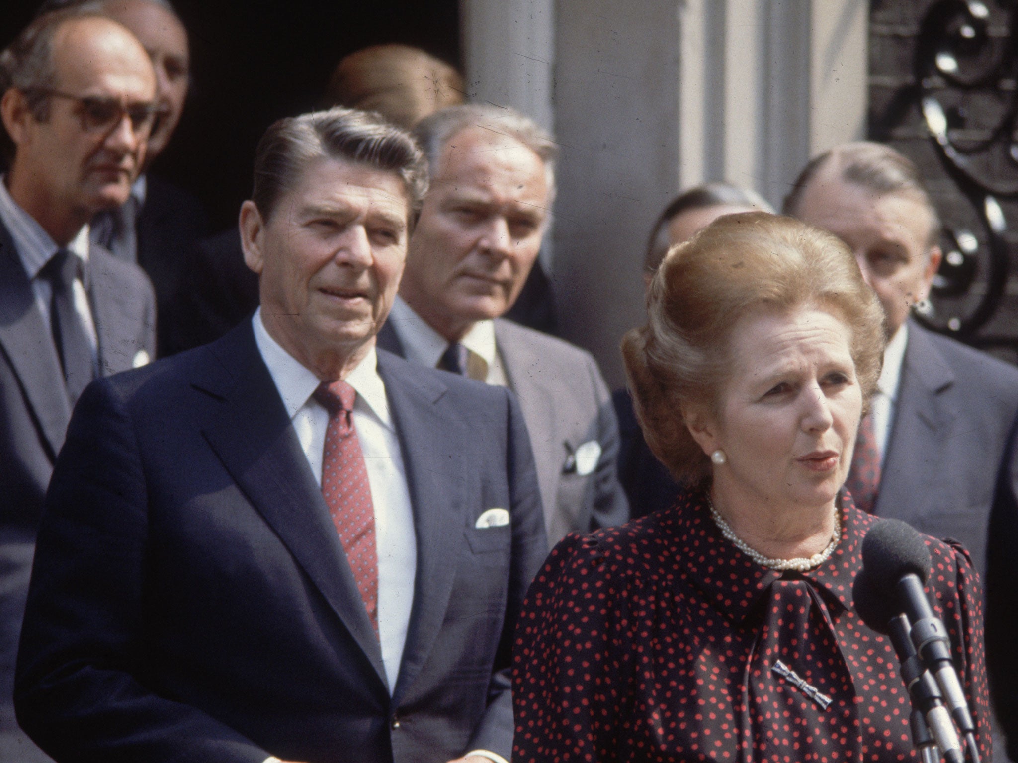 9th June 1982: British prime minister Margaret Thatcher, American president Ronald Reagan (left) and US Secretary of State Alexander Haig (centre) outside Number 10, Downing Street during Reagan's state visit to London.
