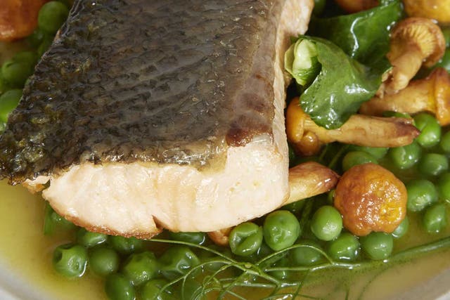 Salmon tail with peas and girolles