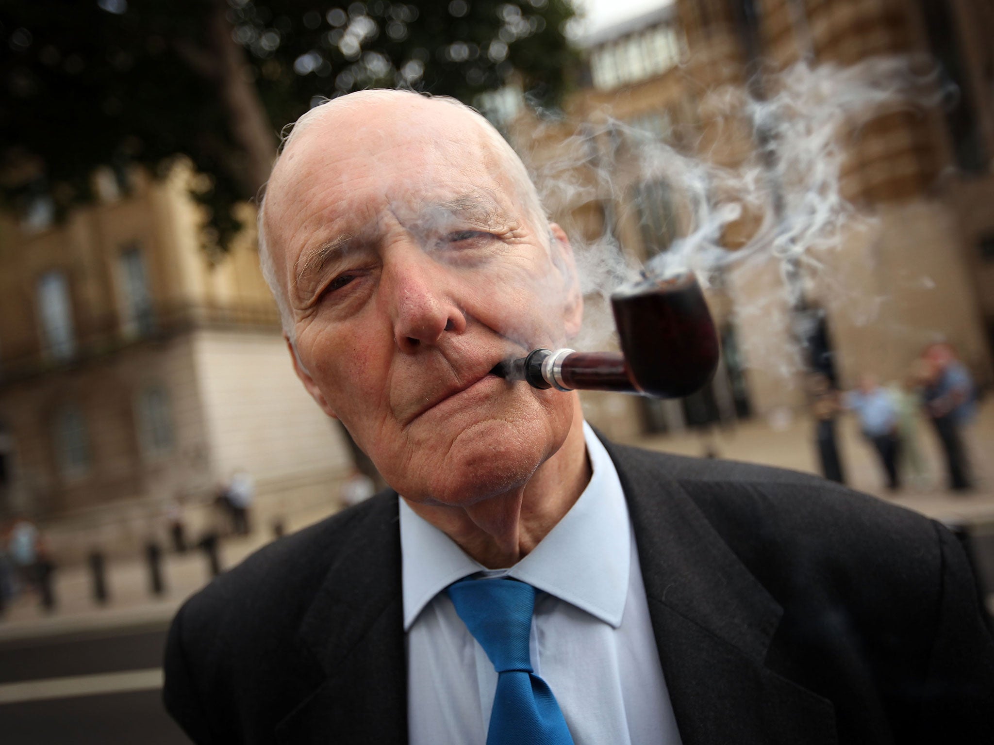 Former Labour MP Tony Benn arrives to lay a wreath at the Cenotaph on Whitehall at a Ceremony for the 204 dead Soldiers on August 17, 2009 in London, England.