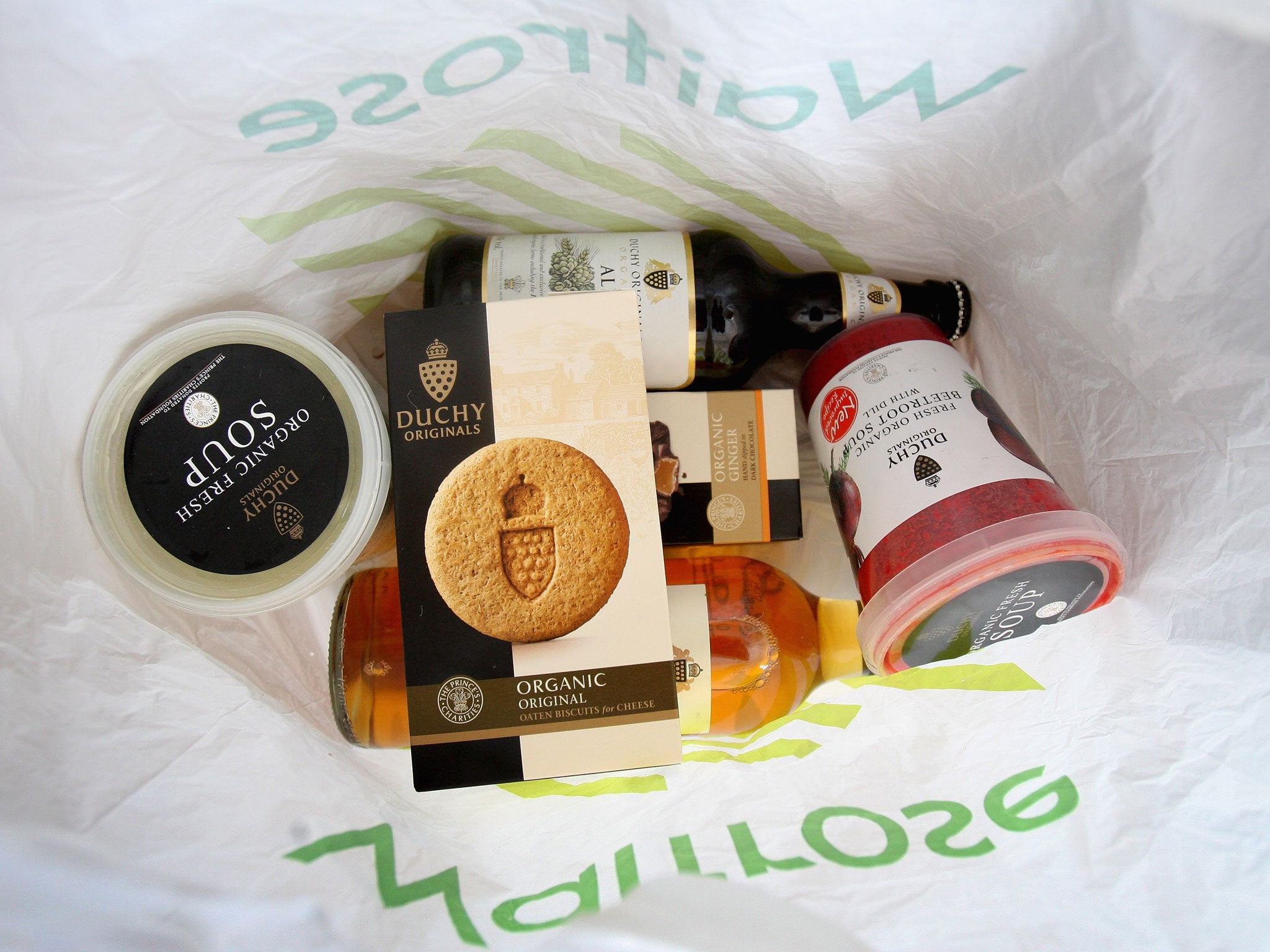 Duchy Originals products are placed in a Waitrose shopping bag on September 7, 2009 in London, England.