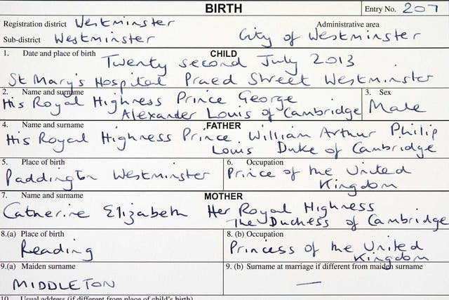 A copy of the birth register for Prince George of Cambridge
