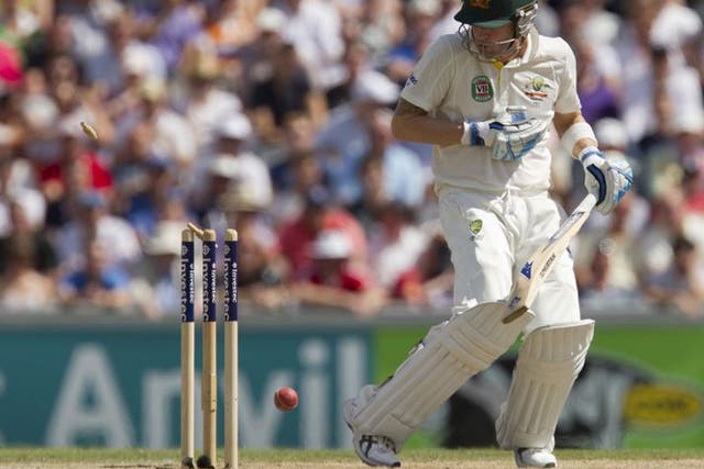 Michael Clarke reacts after he is bowled for 187 by Stuart Broad 