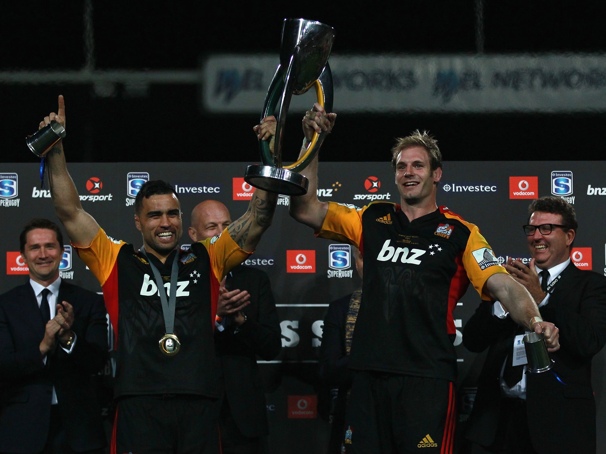 The Waikato Chiefs celebrate their second consecutive Super Rugby title victory