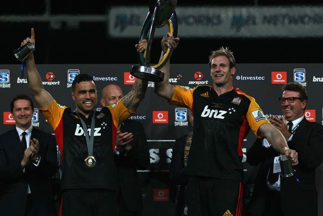 The Waikato Chiefs celebrate their second consecutive Super Rugby title victory