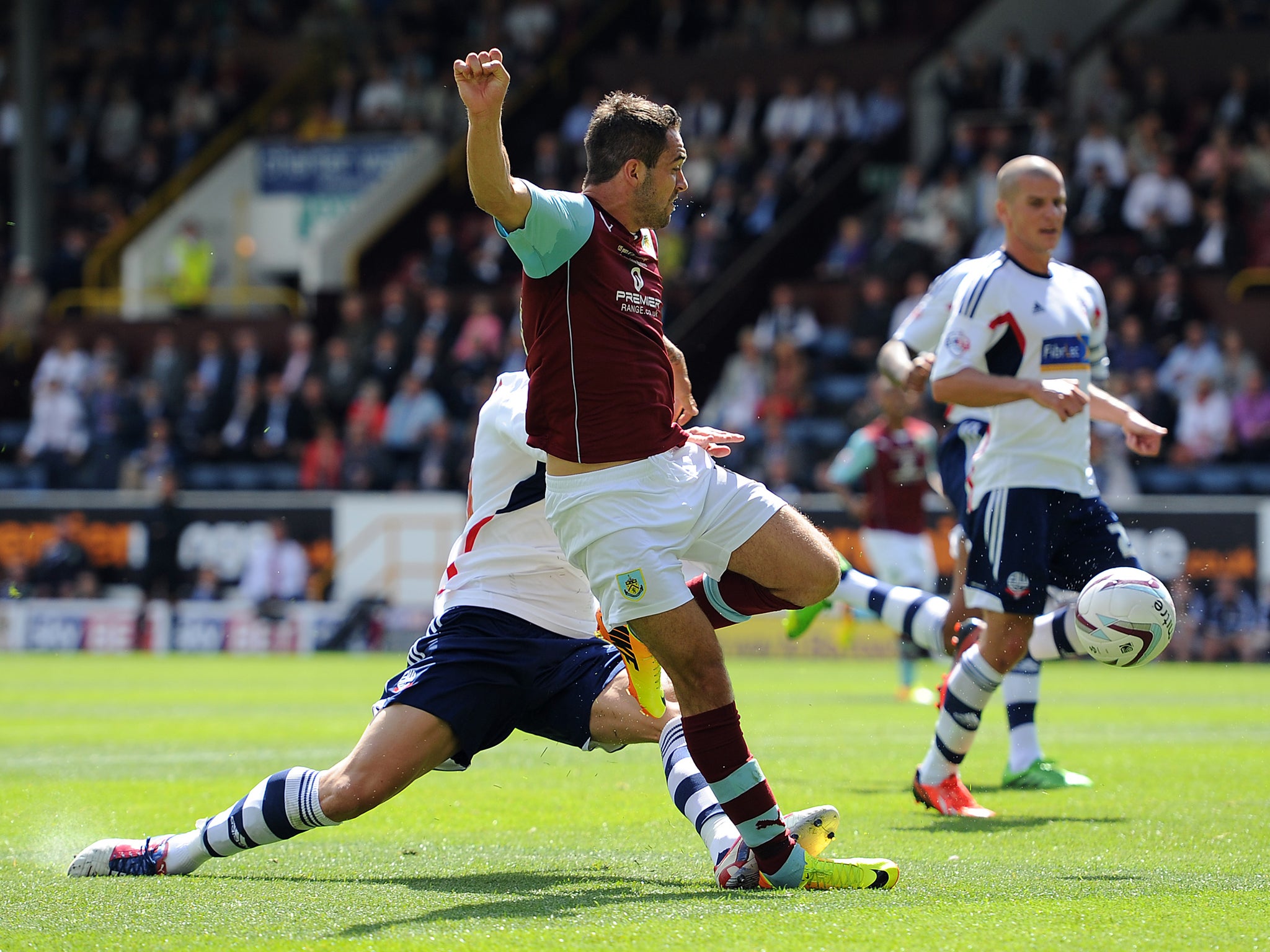 Danny Ings of Burnley scores the opening goal of the new Sky Bet Championship season