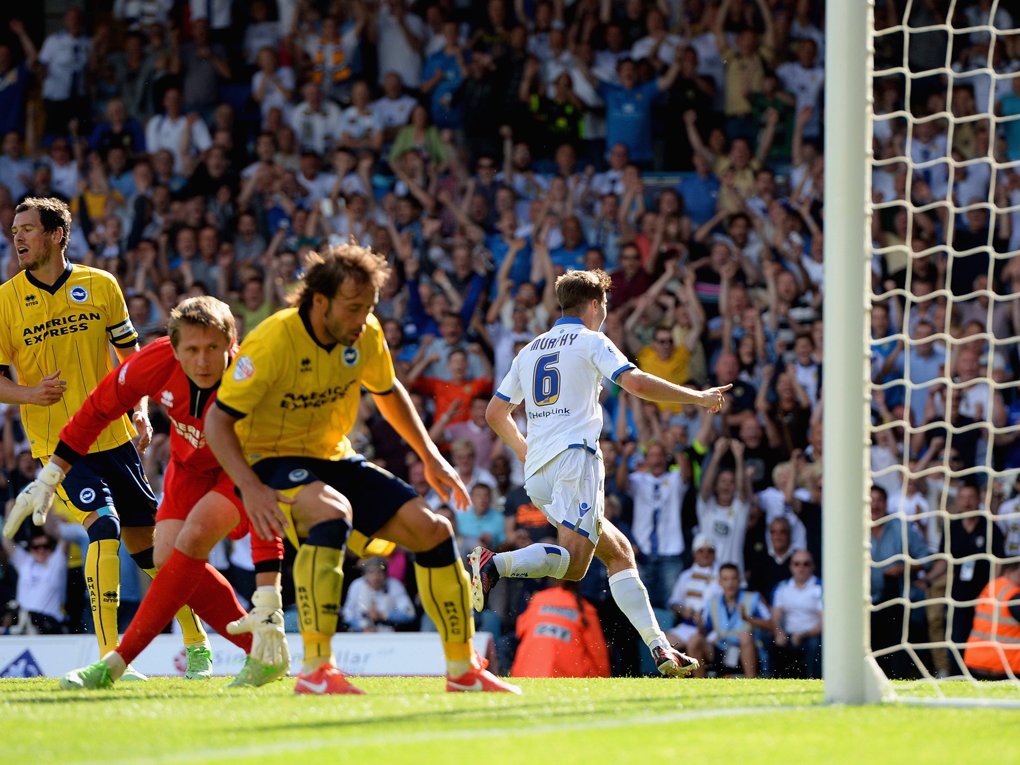 Luke Murphy turns to celebrate his late winning goal for Leeds in the 2-1 victory over Brighton