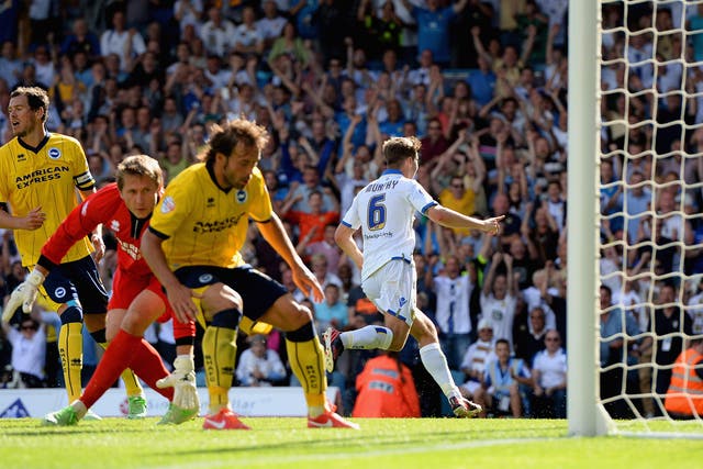 Luke Murphy turns to celebrate his late winning goal for Leeds in the 2-1 victory over Brighton