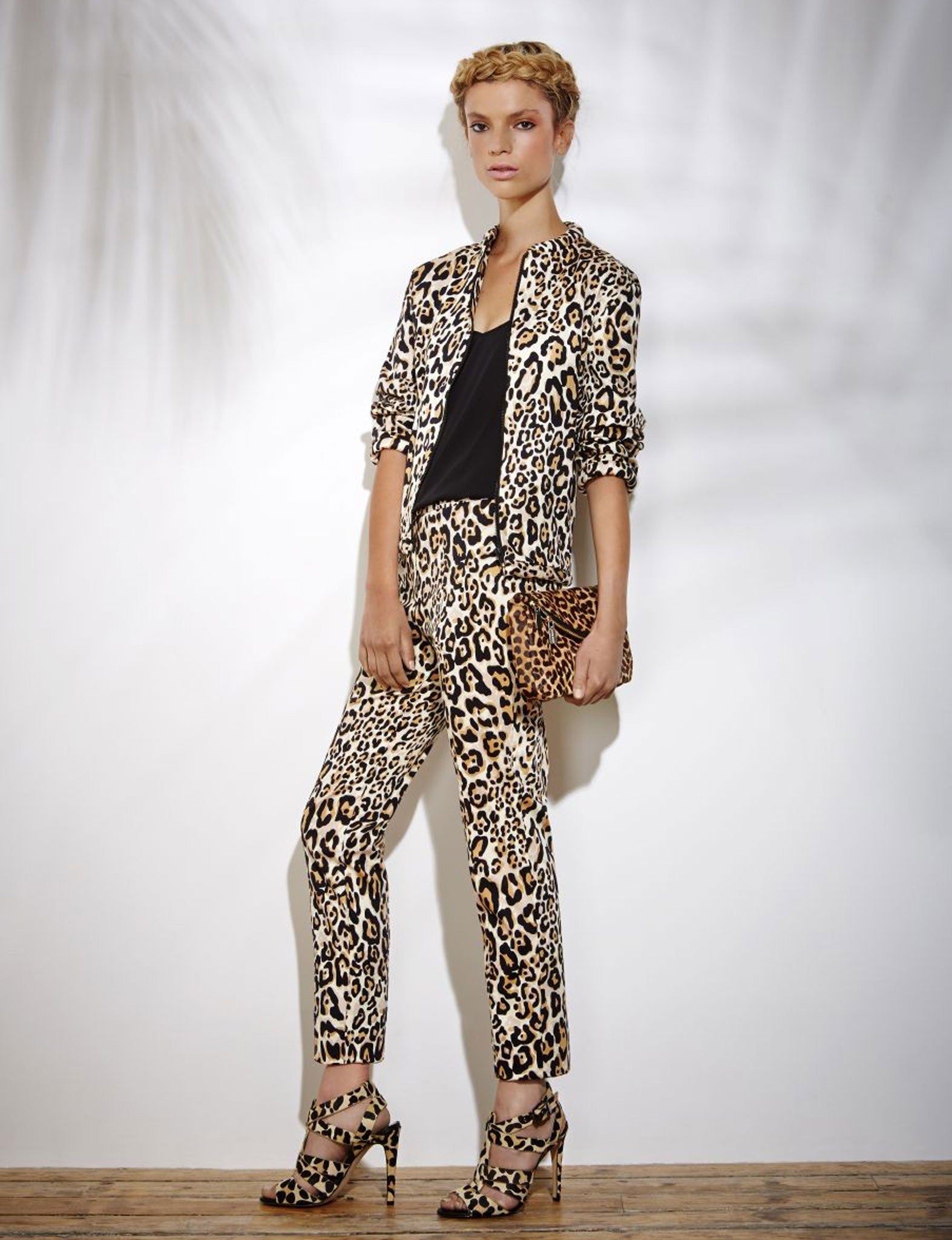 Model wears top £18; bomber jacket £65; trousers £42; sandals £60; all topshop.co.uk; clutch bag £99, karenmillen.co.uk