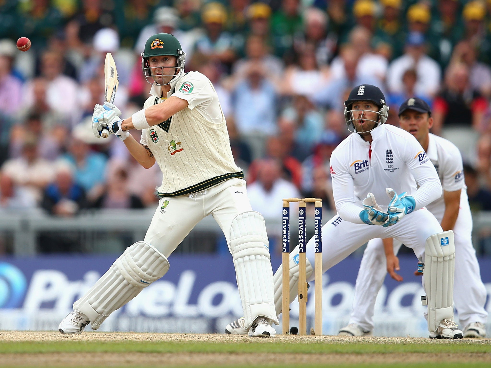 Michael Clarke, left, shows the aggressive approach