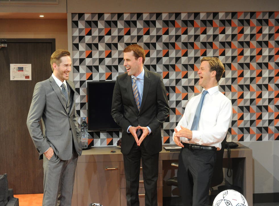 Sean Browne (David Beckham), Tom Davey (Prince William) and Dugald Bruce-Lockhart (David Cameron) in Three Lions