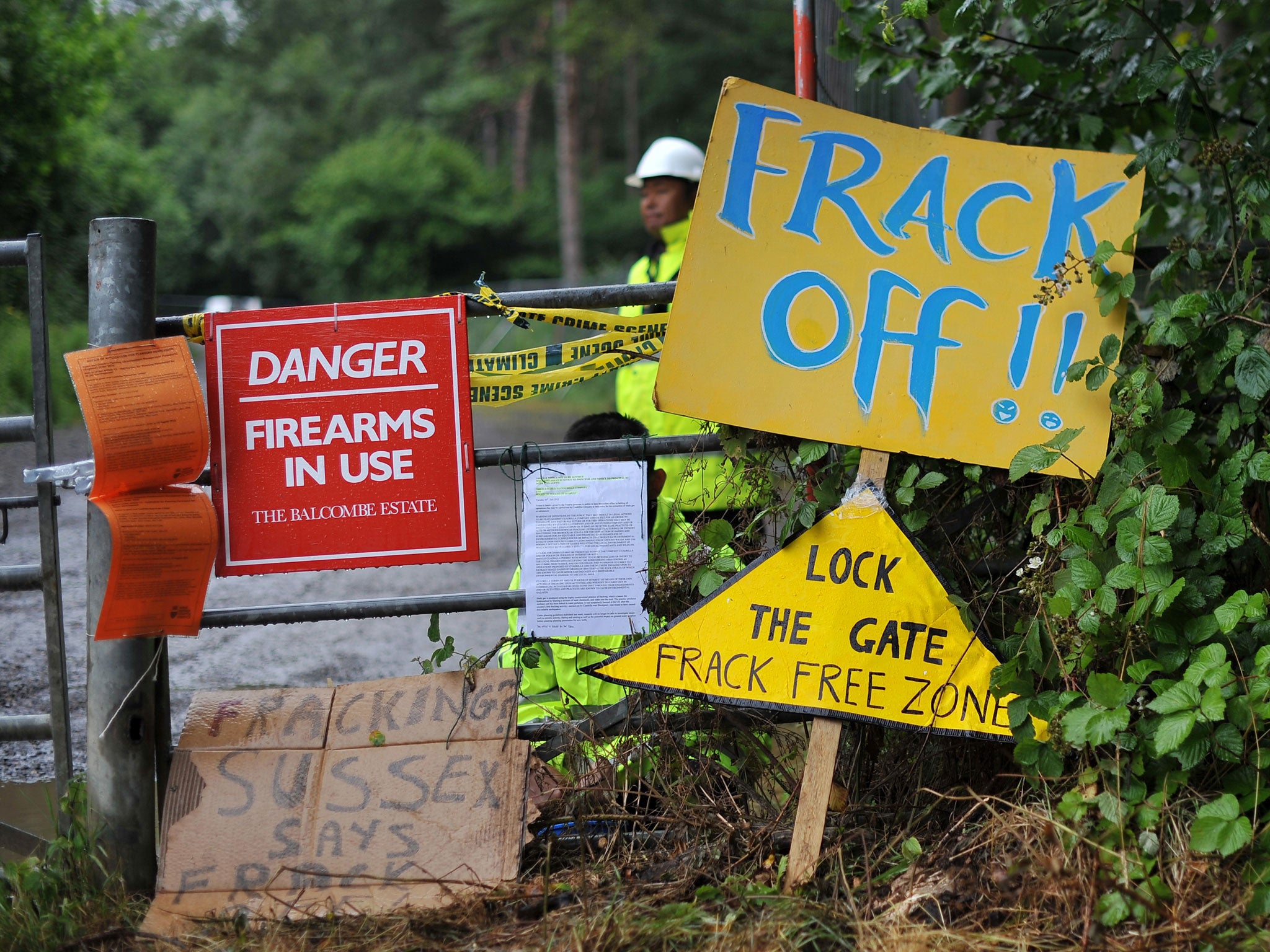 Placards at the entrance of the drill site operated by Cuadrilla in Balcombe