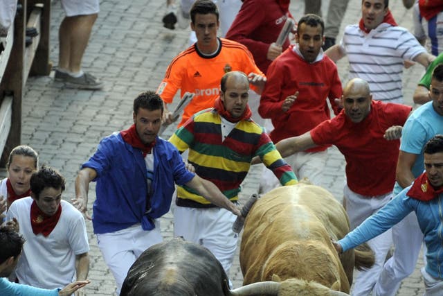 Participants run in front of bulls during the annual San Fermin festival, held every July in the northern Spanish city of Pamplona