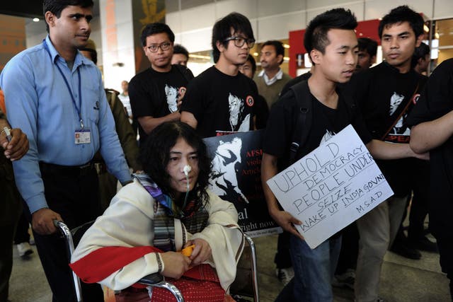 Irom Sharmila, in wheelchair, has been on the world’s longest hunger strike in protest against the Armed Forces Special Powers Act