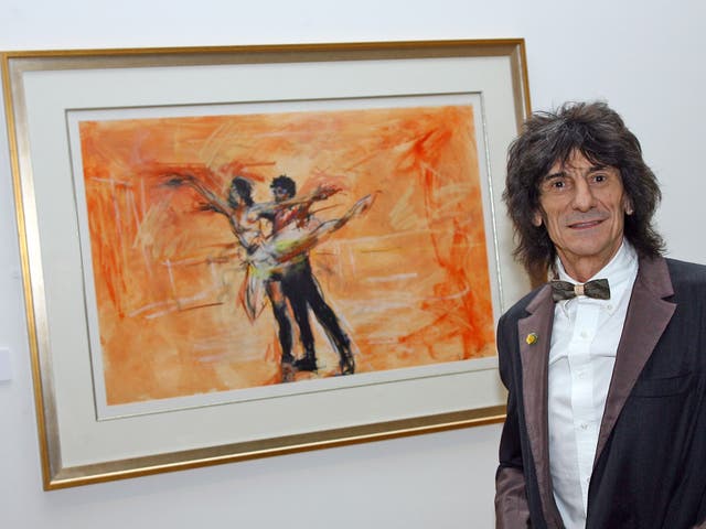 Ronnie Wood with his painting 'A Study of Carlos and Darcey Rehearsing' at The Royal Academy of Art on 27 February 2008 in London