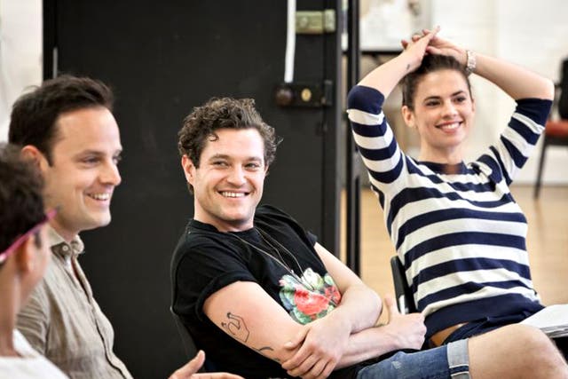 Earning her stripes: Hayley Atwell (far right) in rehearsal for 'The Pride' with Harry Hadden-Paton and Mathew Horne