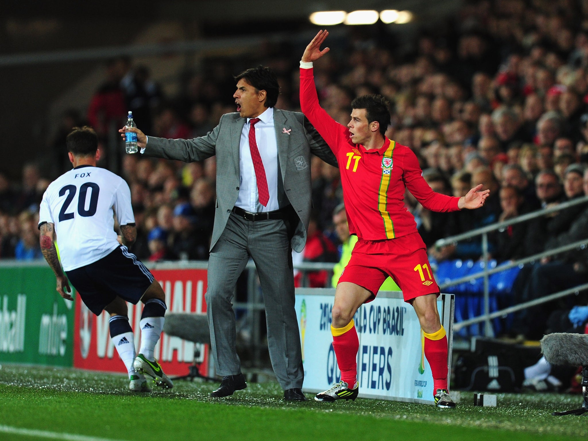 Chris Coleman remonstrates on the touchline with Gareth Bale as Wales take on Scotland