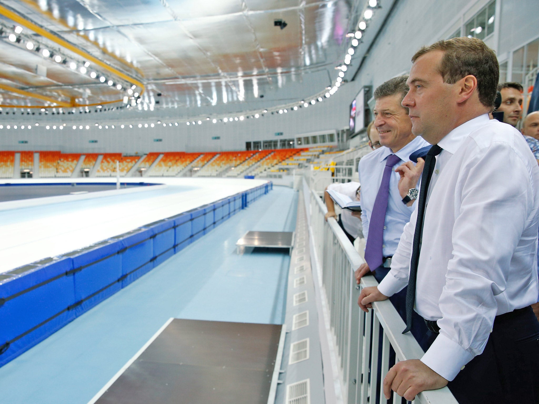 Russian Prime Minister Dmitry Medvedev visits the Adler-Arena Skating Center